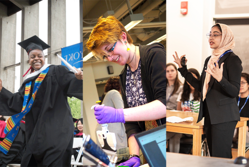 A three-panel photo: a student standing up in class asking a question; a student working in a lab; a student celebrating graduation